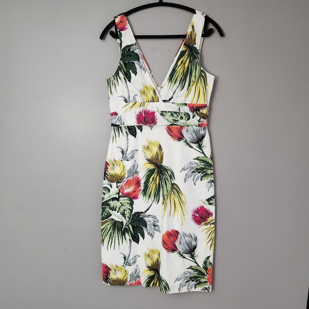 Nicole Miller white Tropical floral print sleeveless Dress midi length lined